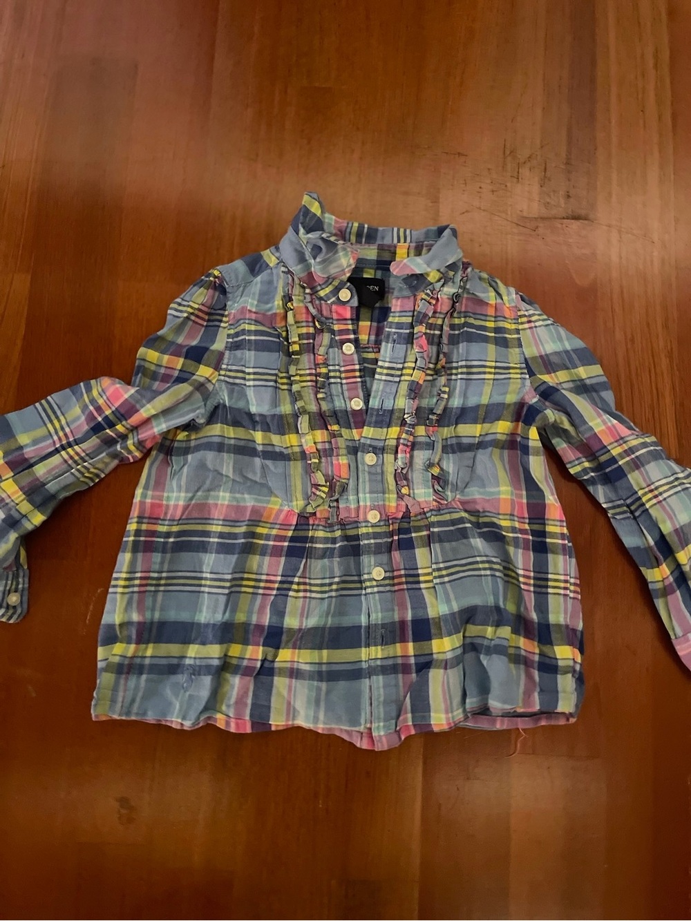 Ralph Lauren Girls Plaid Ruffle-Front Button Down Shirt - Blue Multi